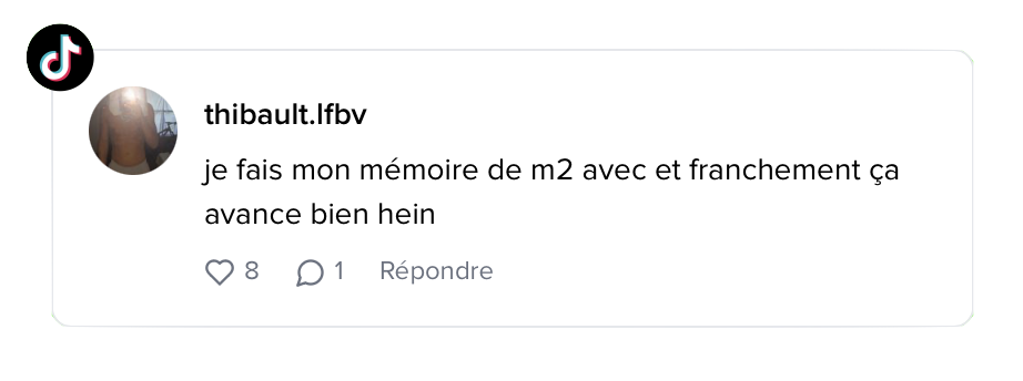 Avis TikTok de thibault.lfbv : « je fais mon mémoire de m2 avec et franchement ça avance bien hein » – 8 J'aime